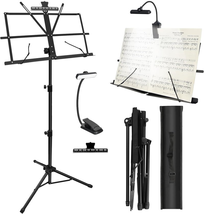 DkOvn Music Stand with Light, Lightweight Portable Adjustable Desktop Book Stand with Music Sheet Clip Holder & Carrying Bag - Image 1